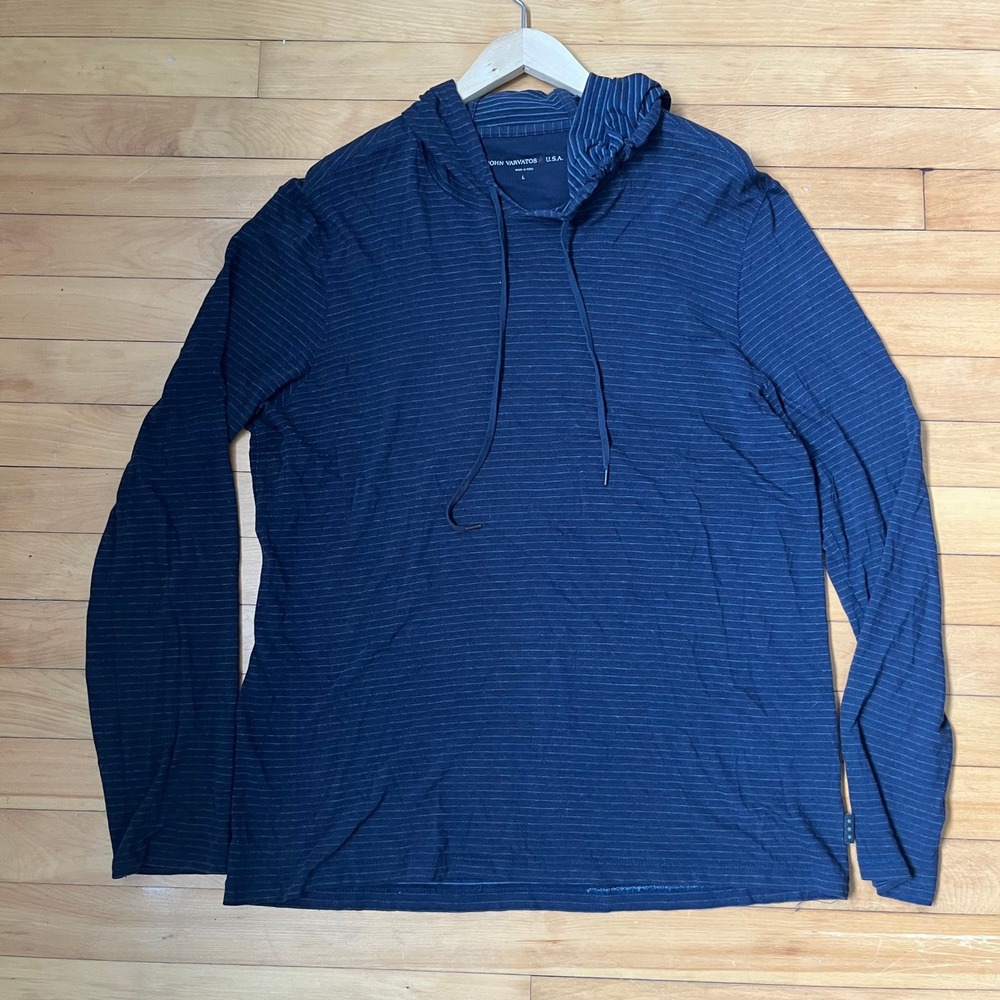 John Varvatos Lightweight USA Mens Navy Blue Striped Long Sleeve Hoodie Size L